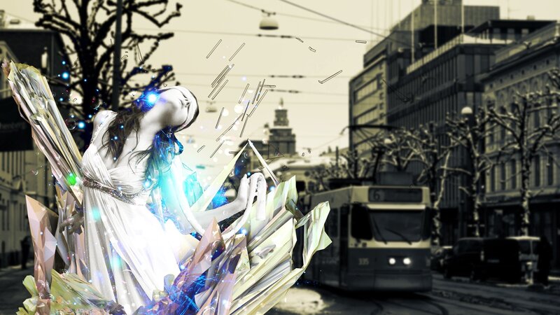 woman with glowing wings in city