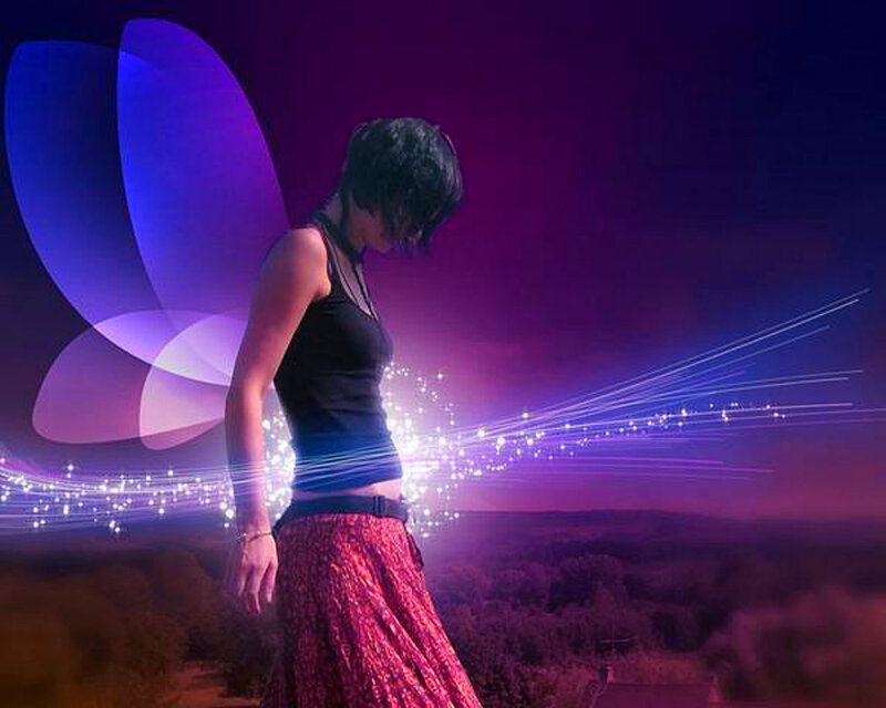 Woman with Glowing Wings — Purple, Dramatic