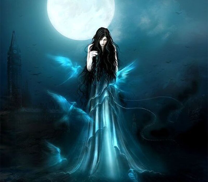 woman with glowing wings under moon