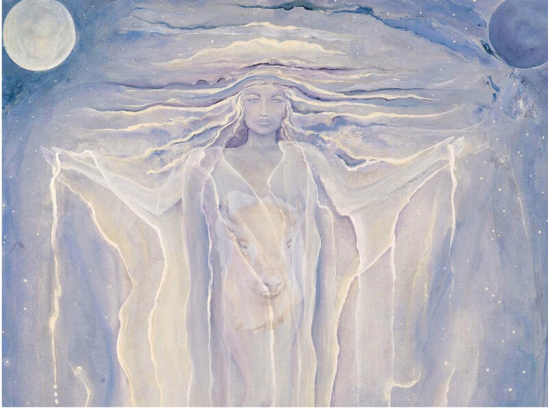 woman with goat in celestial scene