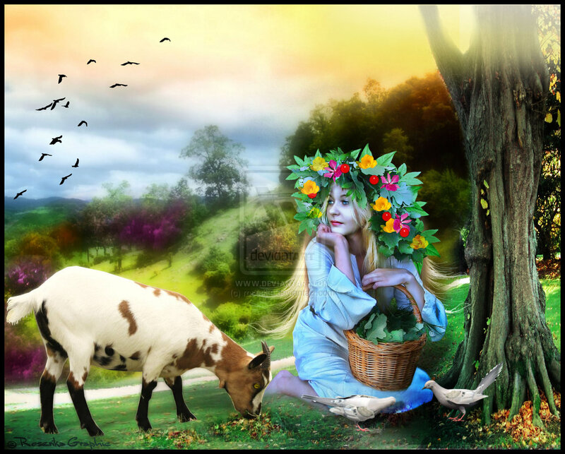 Woman with Goat in Forest