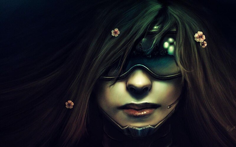 Woman with Goggles and Flowers — Black, Dramatic, Digital Art