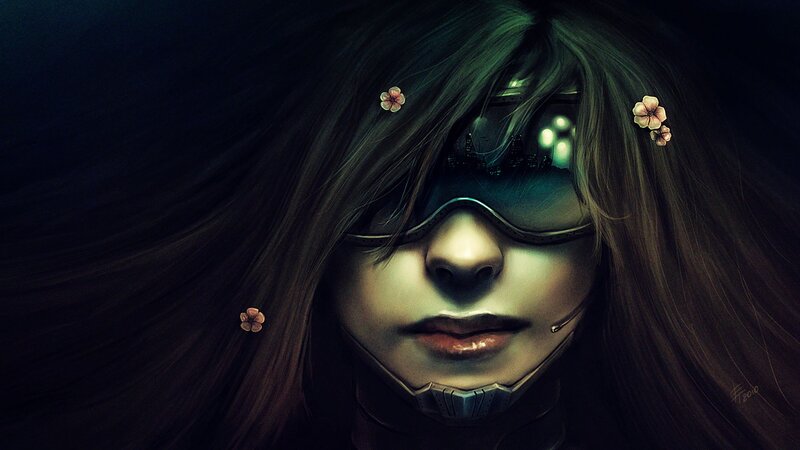 Woman with Goggles and Flowers — Black, Dramatic, Night