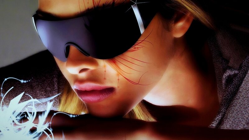 Woman with Goggles — Black, Dramatic, Digital Art, Blood