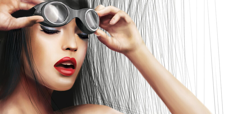 Woman with Goggles — Black, Dramatic, Digital Art, Red Lips
