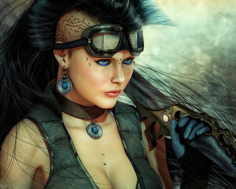 Woman with Goggles — Black, Dramatic, Digital Art, Tattoo