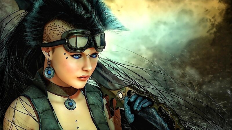 Woman with Goggles — Black, Dramatic, Digital Art