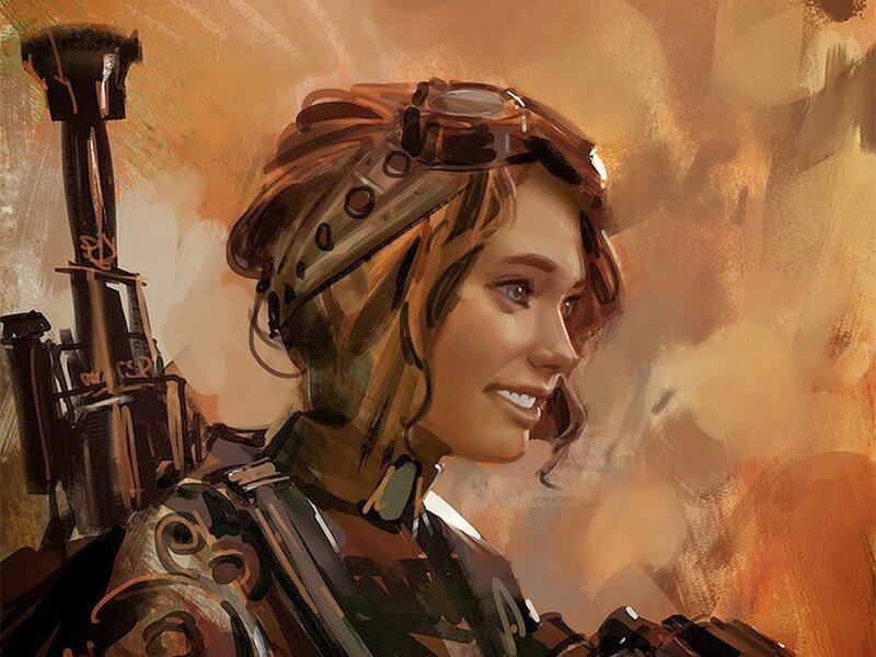 Woman with Goggles — Brown, Dramatic, Digital Art, Weapon