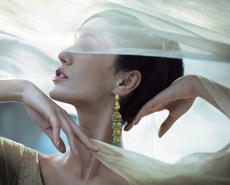 Woman with Gold Earrings — White, Serene