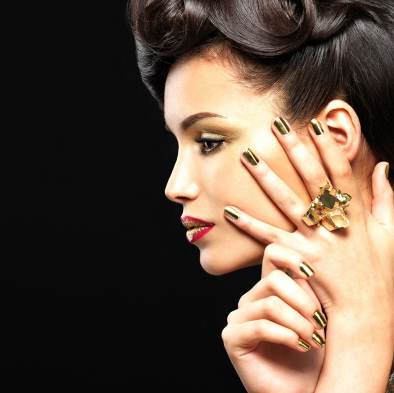 Woman with Gold Makeup — Black, Dramatic, Photograph, Gold Nail Polish