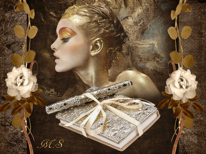 Woman with Gold Makeup — Dramatic, Digital Art, Flowers