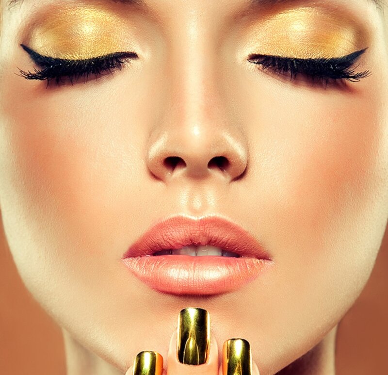 Woman with Gold Makeup — Dramatic, Photograph, Gold Eyeshadow, Long Eyelashes