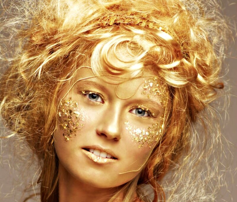 Woman with Gold Makeup — Dramatic, Photograph, Gold Glitter