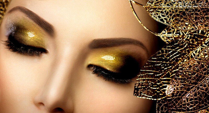 Woman with Gold Makeup — Dramatic, Photograph, Gold Leaf, Eyelashes