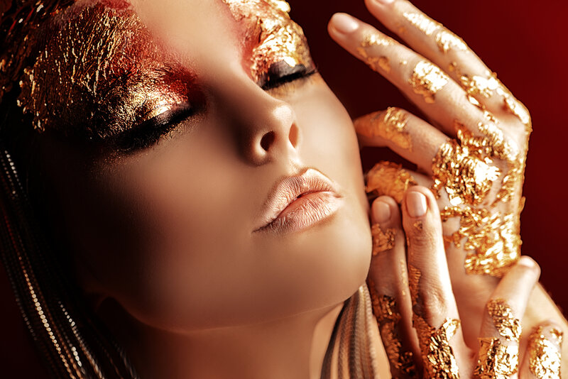 Woman with Gold Makeup — Dramatic, Photograph, Gold Leaf