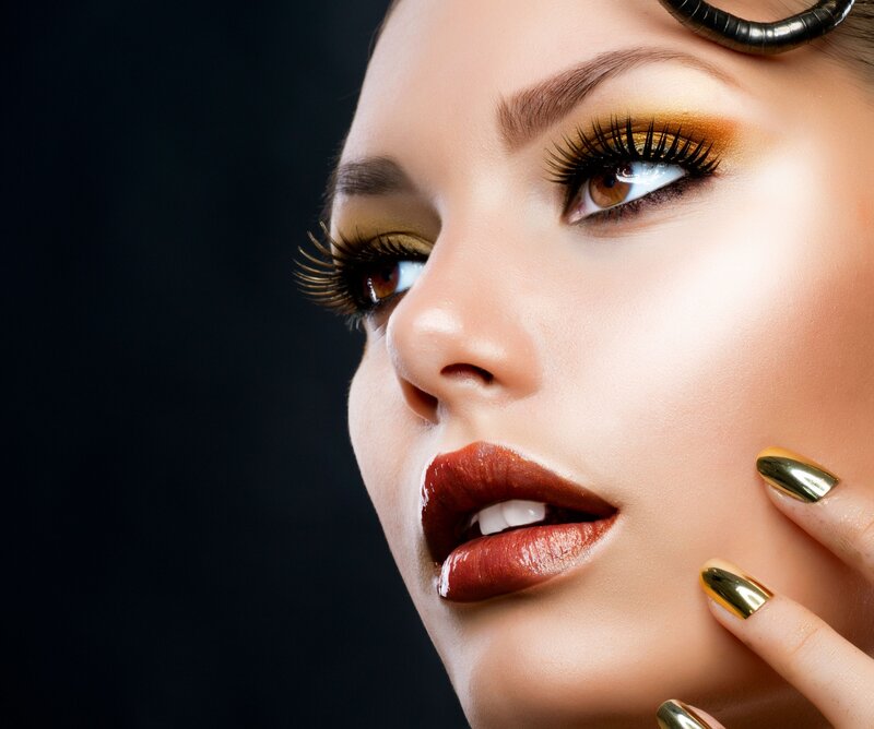 Woman with Gold Makeup — Dramatic, Photograph, Gold Nail Polish