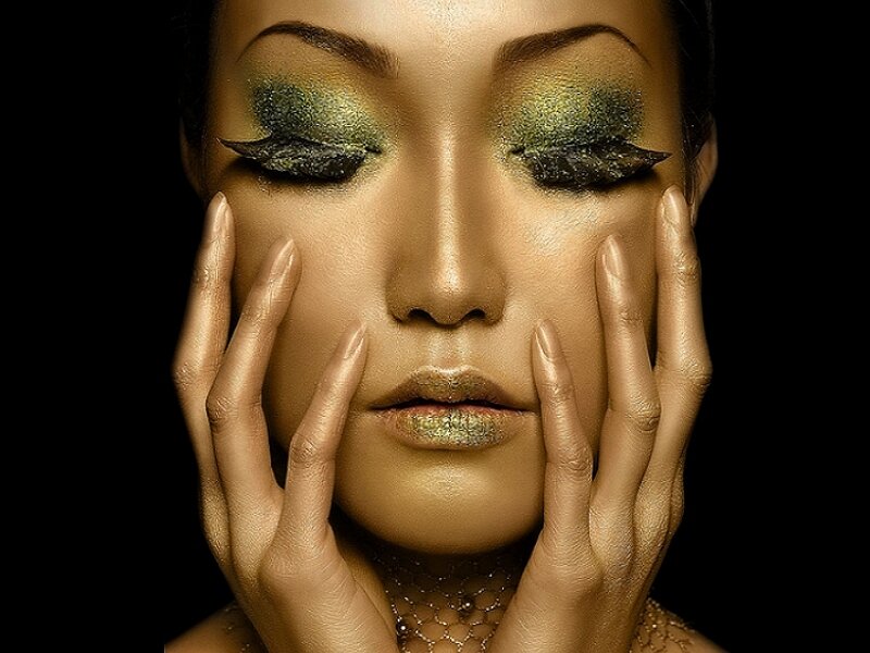 Woman with Gold Makeup — Dramatic, Photograph, Hands