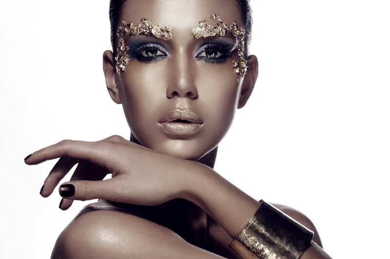Woman with Gold Makeup — White, Dramatic, Photograph, Gold Leaf, Bracelet