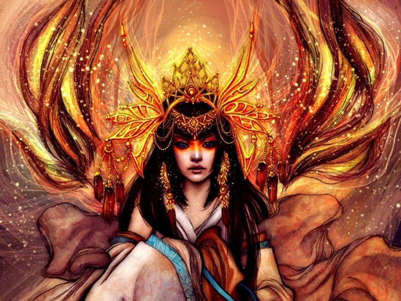 Woman with Golden Crown — Gold, Dramatic, Digital Art, Fire