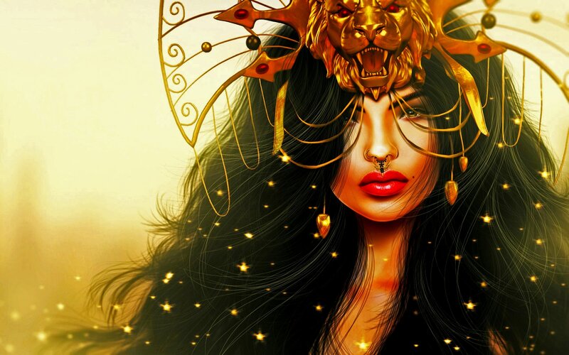 Woman with Golden Crown — Gold, Dramatic, Digital Art, Lion Head