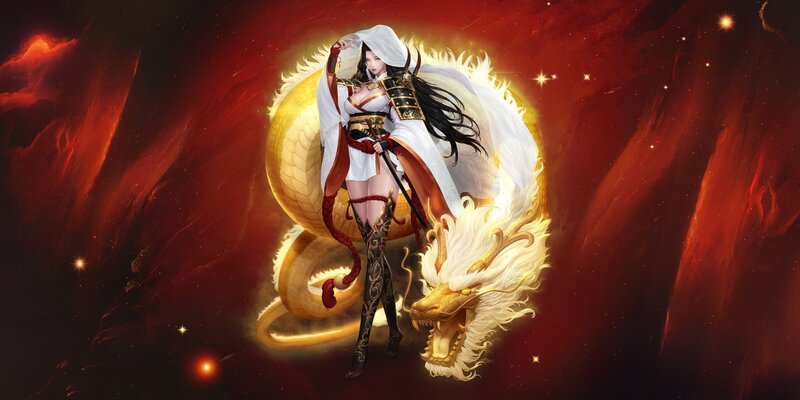 Woman with Golden Dragon — Red, Dramatic