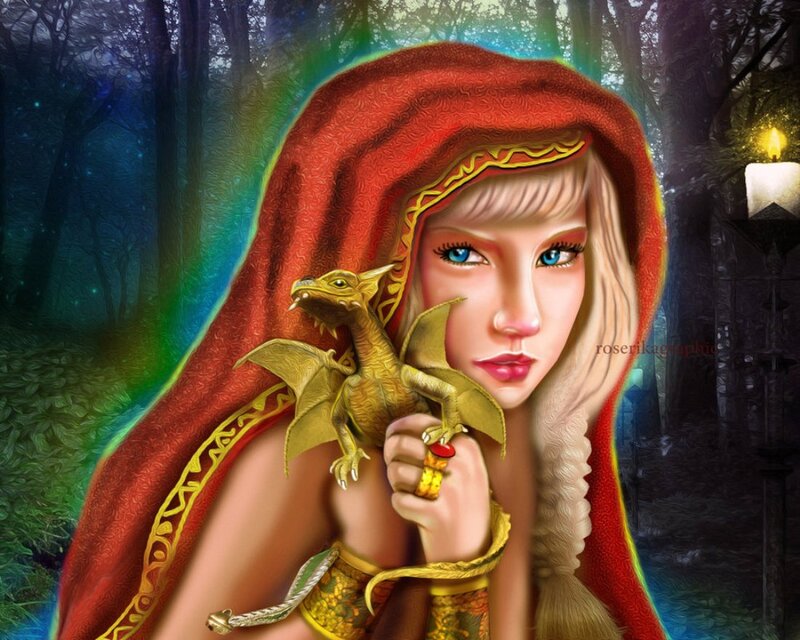 Woman with Golden Dragon — Red, Mystical