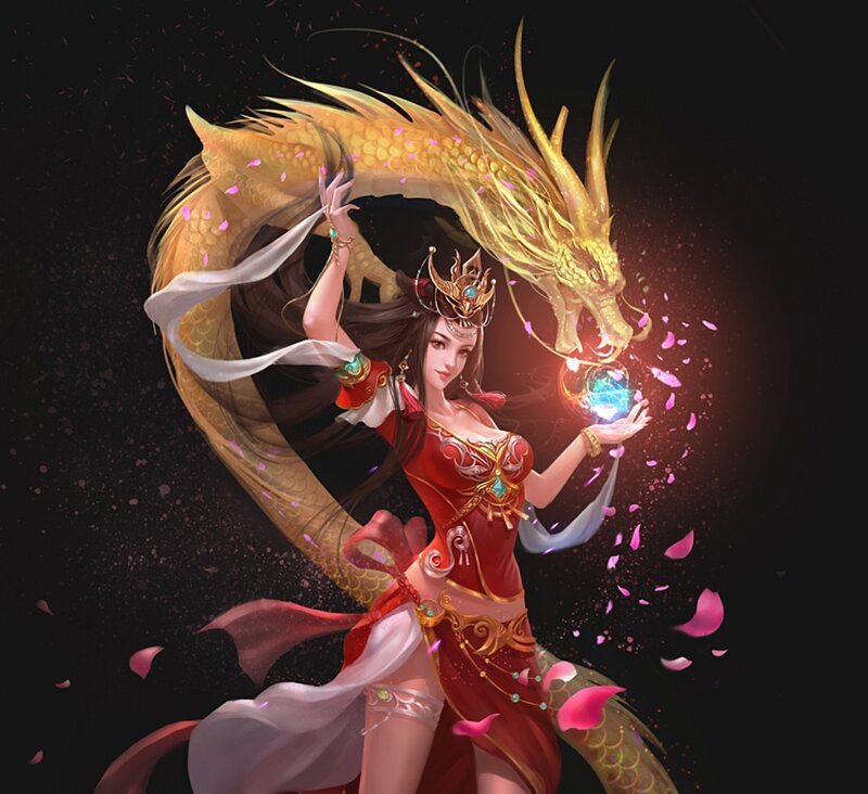 Woman with Golden Dragon — Red