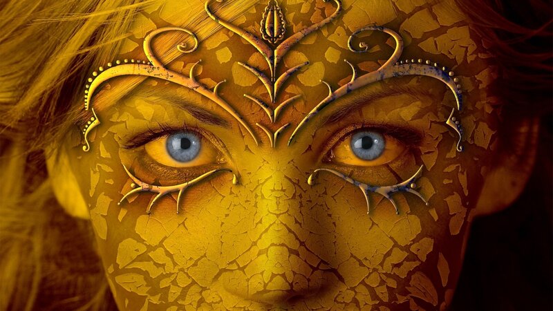 Woman with Golden Face Paint — Yellow, Dramatic, Digital Art