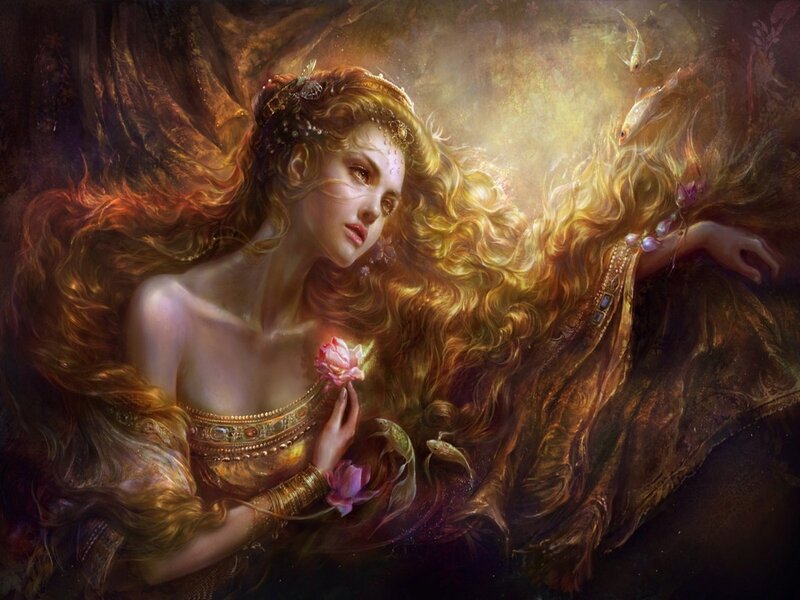 woman with golden hair and flowers