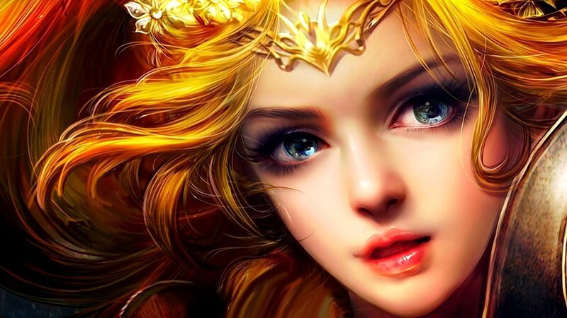 Woman with Golden Hair — Gold, Dramatic, Digital Art, Crown, Blue Eyes, Shield