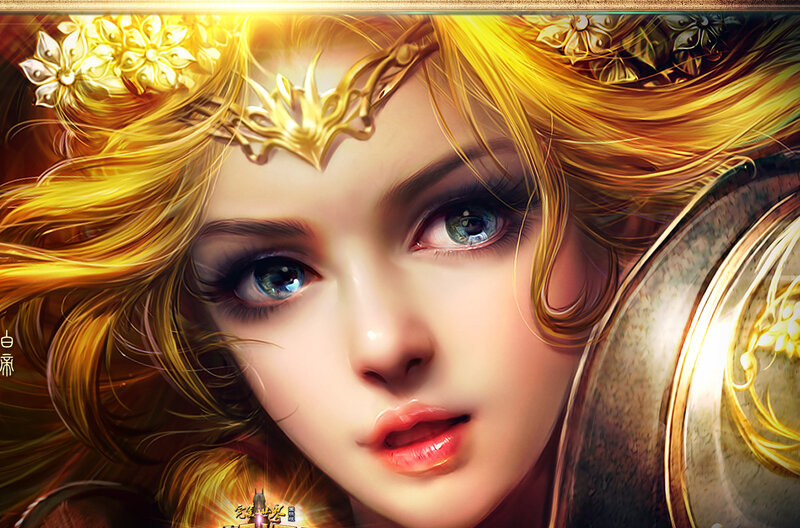 Woman with Golden Hair — Gold, Dramatic, Digital Art, Crown, Shield