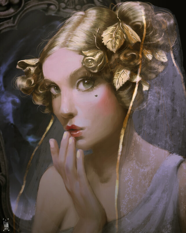 Woman with Golden Hair — Gold, Dramatic, Digital Art, Golden Leaves
