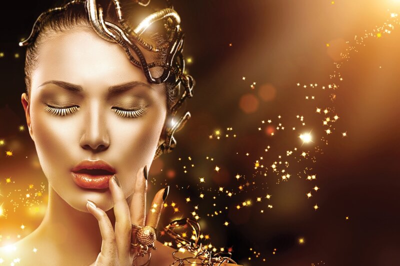 Woman with Golden Headpiece — Gold, Dramatic, Digital Art