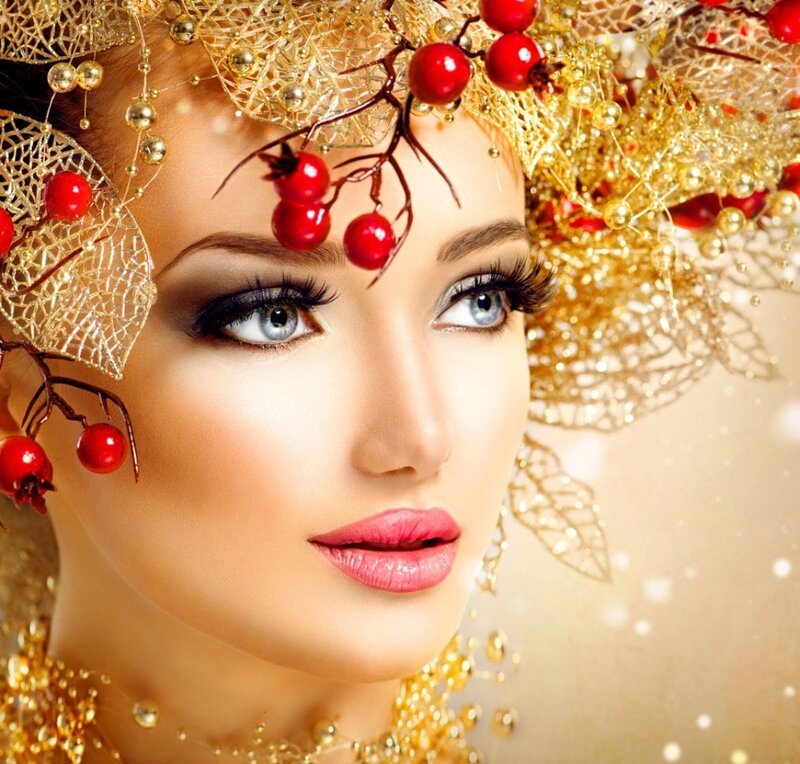 Woman with Golden Headpiece — Gold, Dramatic, Photograph, Red Berries