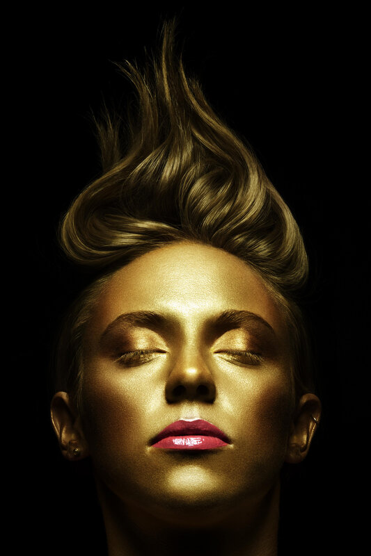 Woman with Golden Makeup — Gold, Dramatic, Photograph, Gold Paint