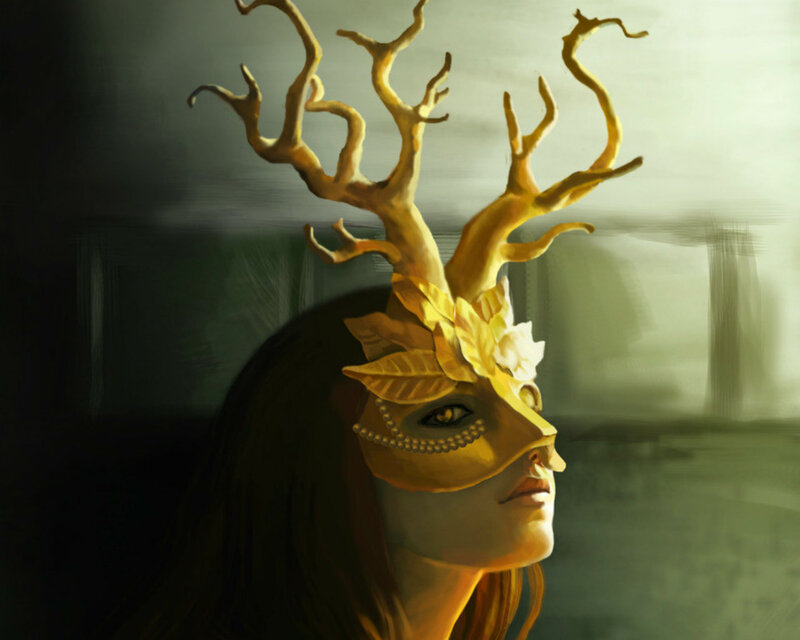 Woman with Golden Mask — Gold, Dramatic, Digital Art