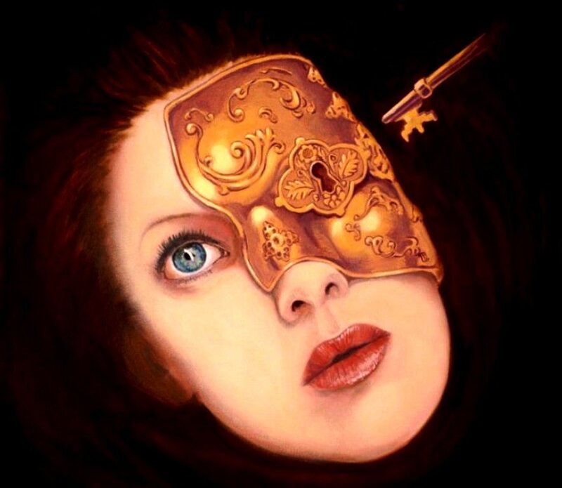 Woman with Golden Mask — Gold, Dramatic, Illustration