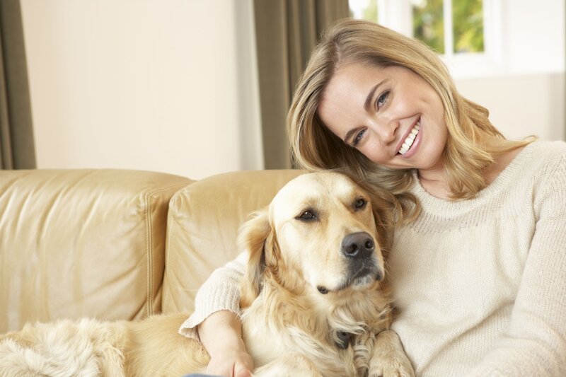 Woman with Golden Retriever — Beige