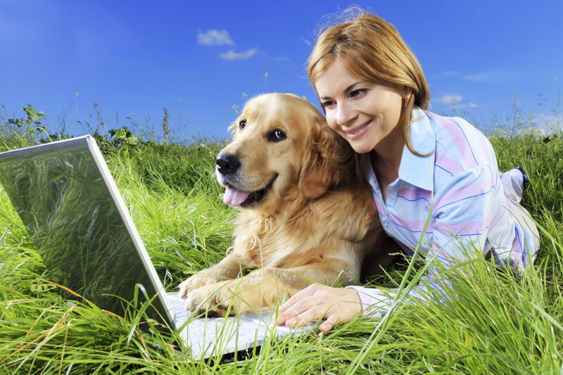 Woman with Golden Retriever — Blue