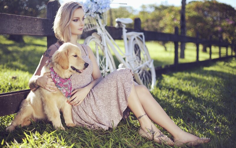 Woman with Golden Retriever — Green, Serene, Afternoon