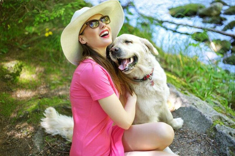 Woman with Golden Retriever — Pink