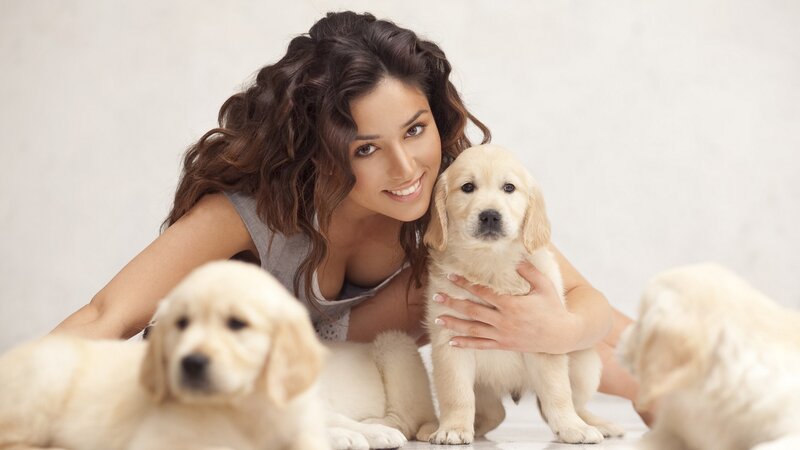 woman with golden retriever puppies
