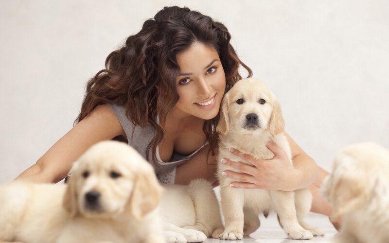Woman with Golden Retriever Puppies — White