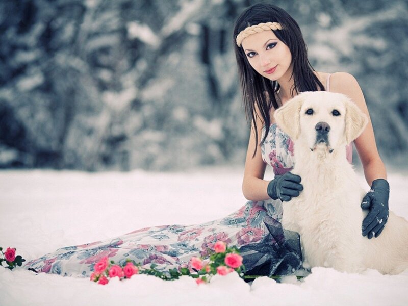 Woman with Golden Retriever — White