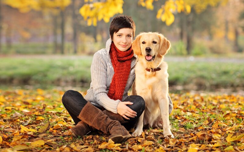 Woman with Golden Retriever — Yellow