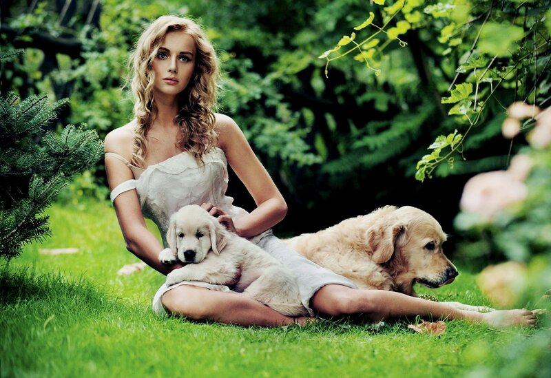 Woman with Golden Retrievers — Green