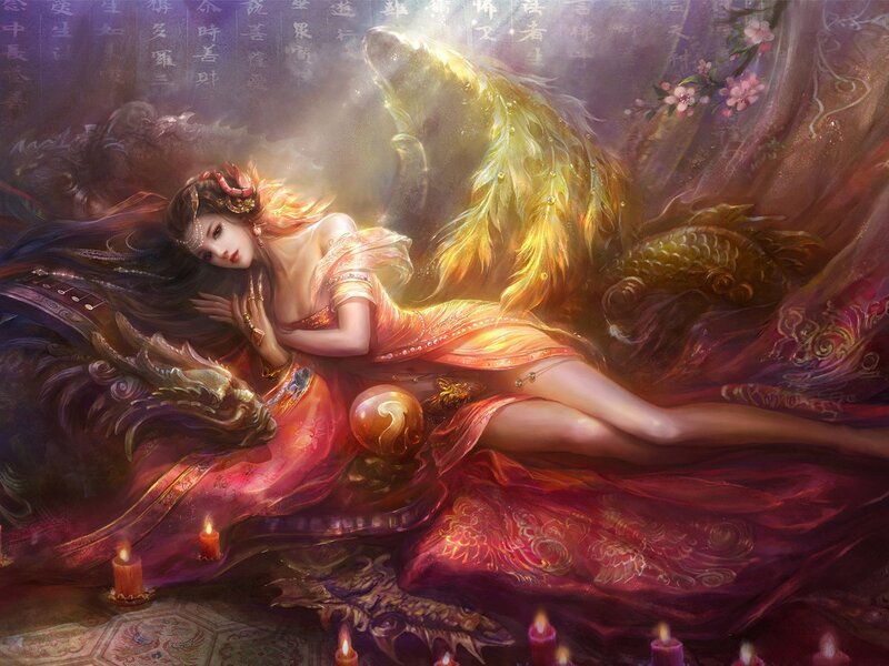 woman with golden wings and dragon