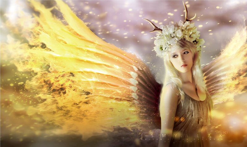 Woman with Golden Wings — Gold, Dramatic, Digital Art, Flowers