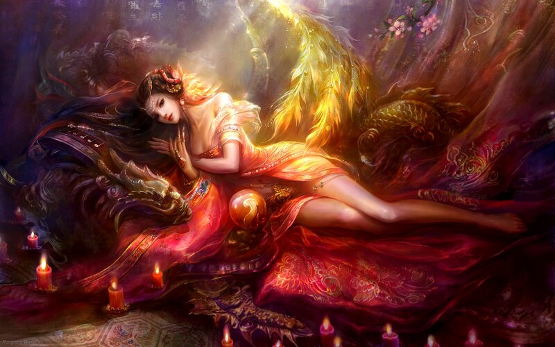 Woman with Golden Wings — Red, Dramatic, Night