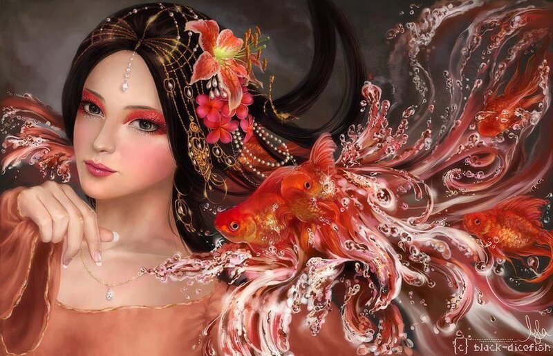 woman with goldfish and flowers